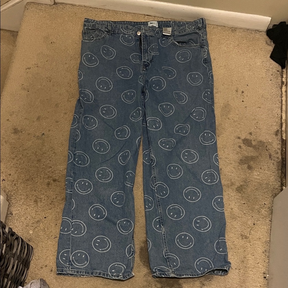 Women's Blue Smiley Face Wide Leg Jeans